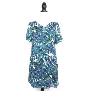 Anthropologie Chloe Oliver Blue Green White Tropical Print Shift Dress Size XS
